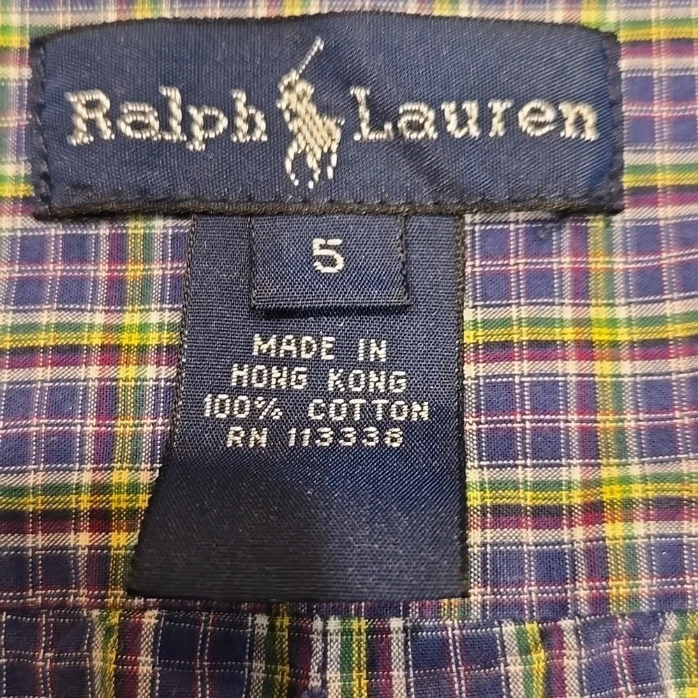 RALPH LAUREN BLUE,GREEN,YELLOW PLAID BUTTON-DOWN LONG SLEEVE W/ PONY LOGO. SZ 5.